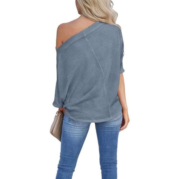 Waffle Knit Off The Shoulder Knot Batwing Shirt Blue XL - Picture 3 of 5